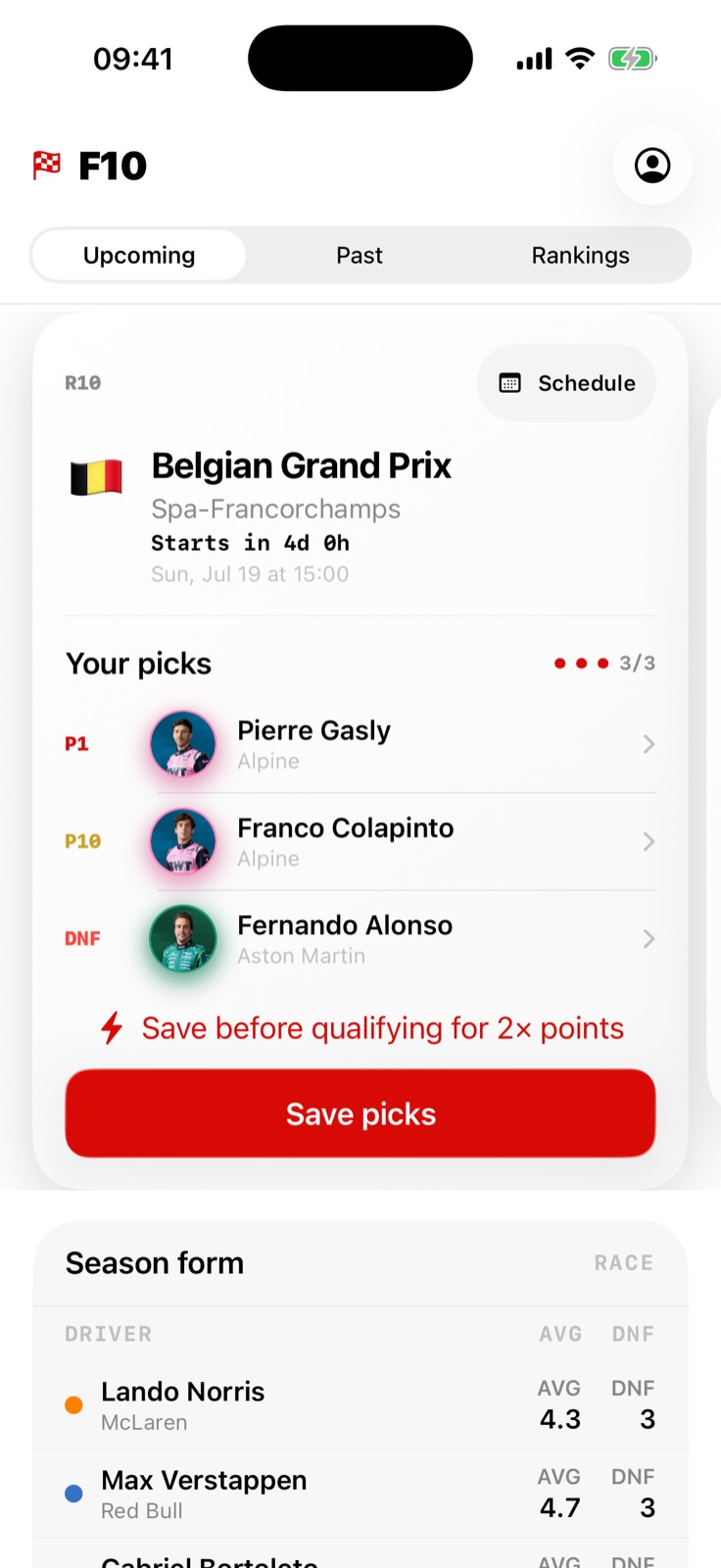 FX Racing race deck showing winner, P10, and non-finisher pick rows
